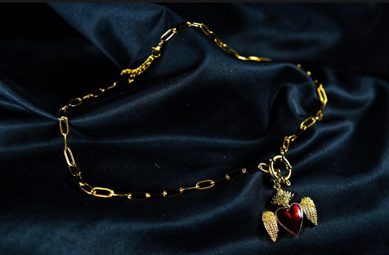 Red Sacred Heart Necklace: 18K Gold-Plated Paperclip Chain