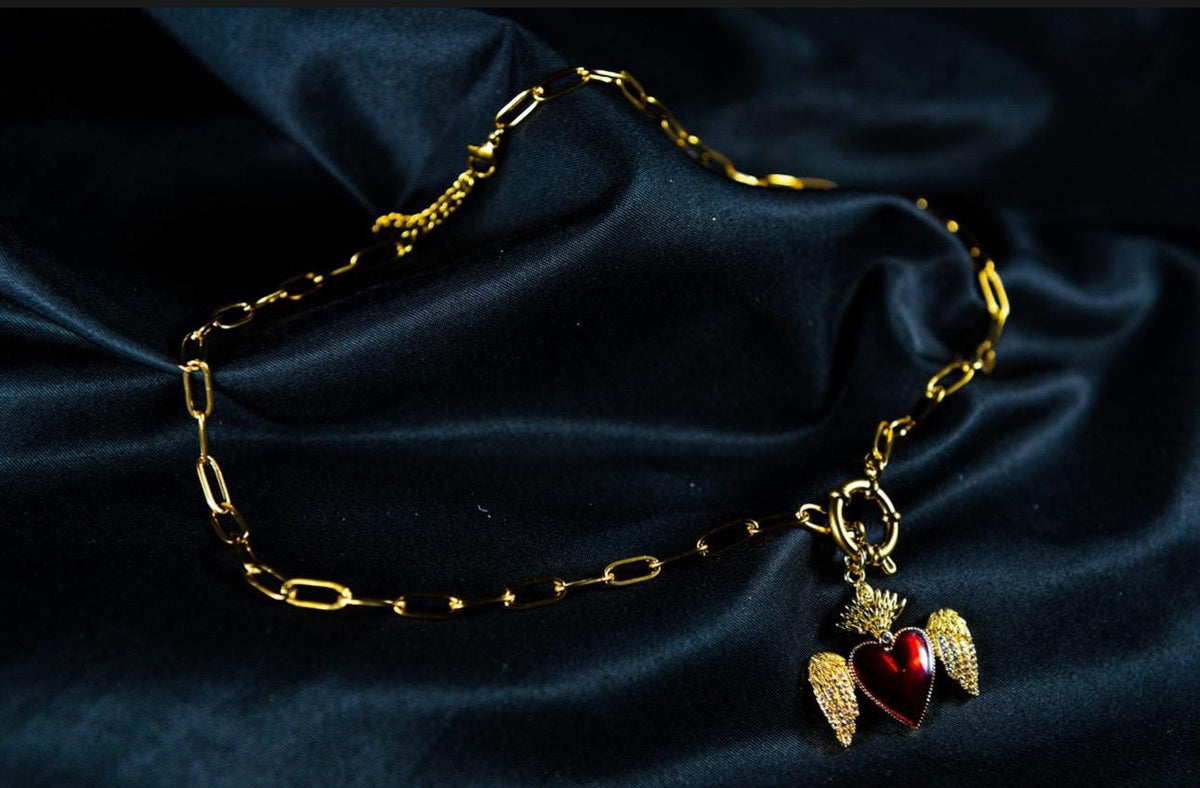 Red Sacred Heart Necklace: 18K Gold-Plated Paperclip Chain
