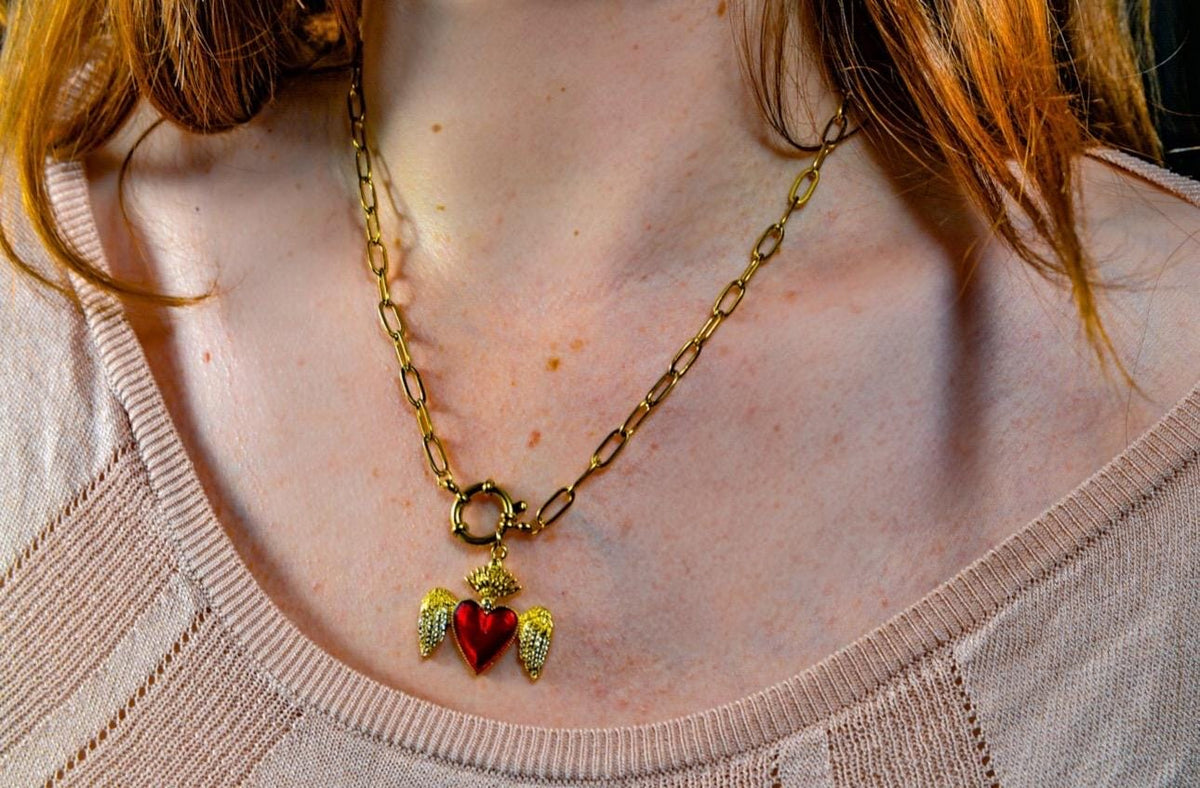 Red Sacred Heart Necklace: 18K Gold-Plated Paperclip Chain