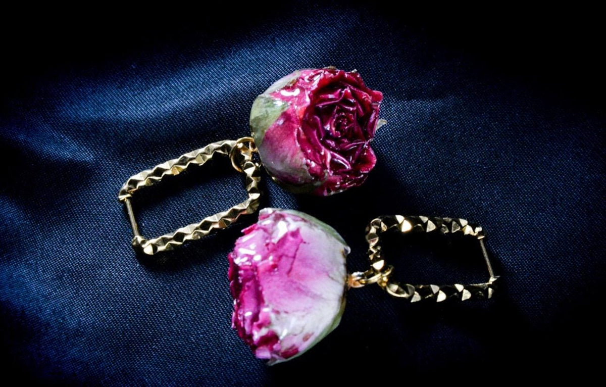 Rose-Red Huggie Earrings Made From Preserved Rosebuds and Gold