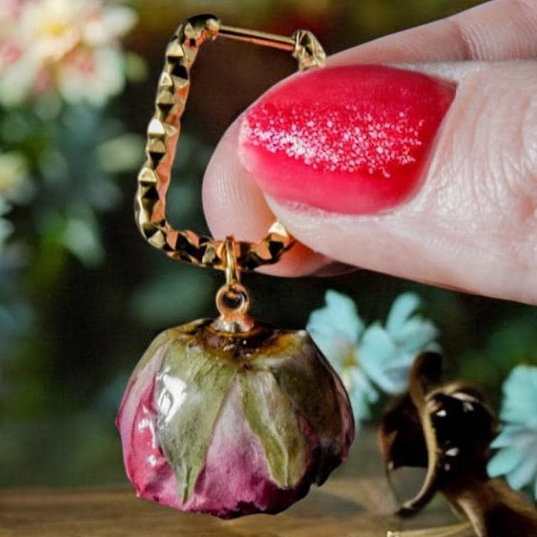Rose-Red Huggie Earrings Made From Preserved Rosebuds and Gold