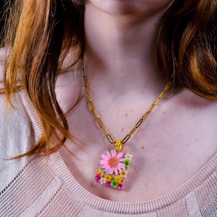 Preserved Pink Daisy and Wild Flowers Pendant, Gold Chain Necklace: Original Valentines Gift