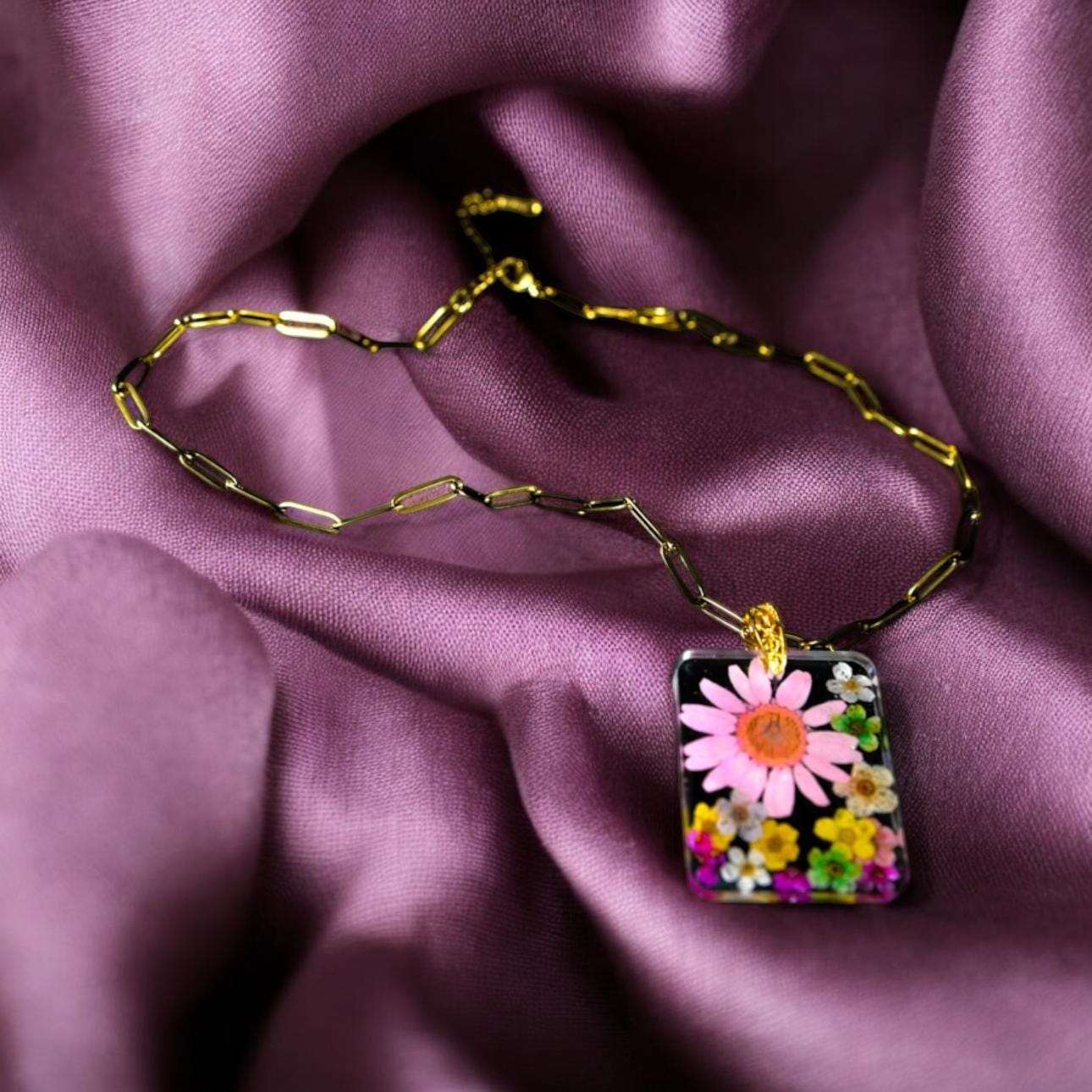 Preserved Pink Daisy and Wild Flowers Pendant, Gold Chain Necklace: Original Valentines Gift