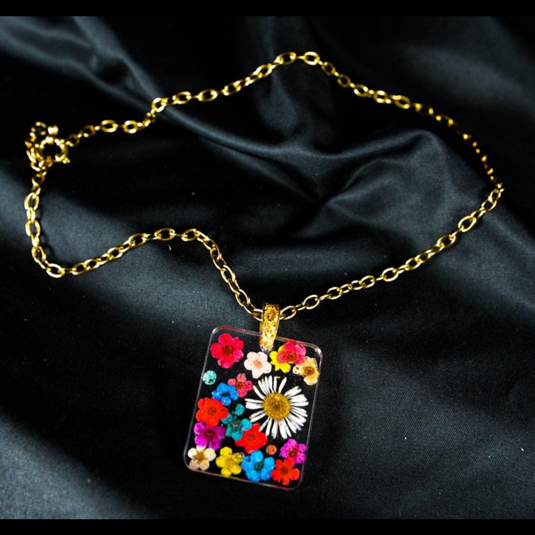 Preserved Daisy and Wild Flowers Pendant, Gold Chain Necklace.