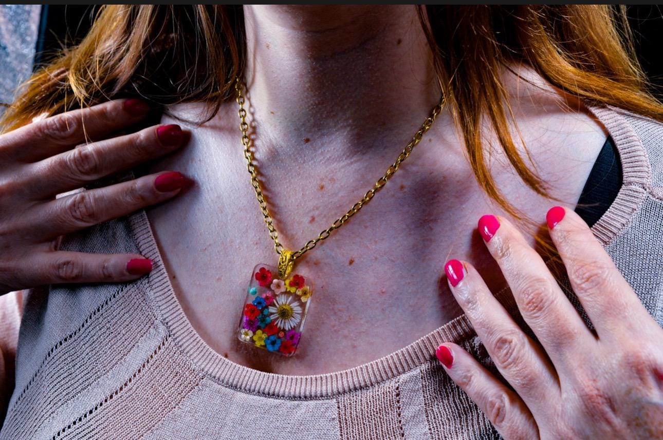 Preserved Daisy and Wild Flowers Pendant, Gold Chain Necklace.