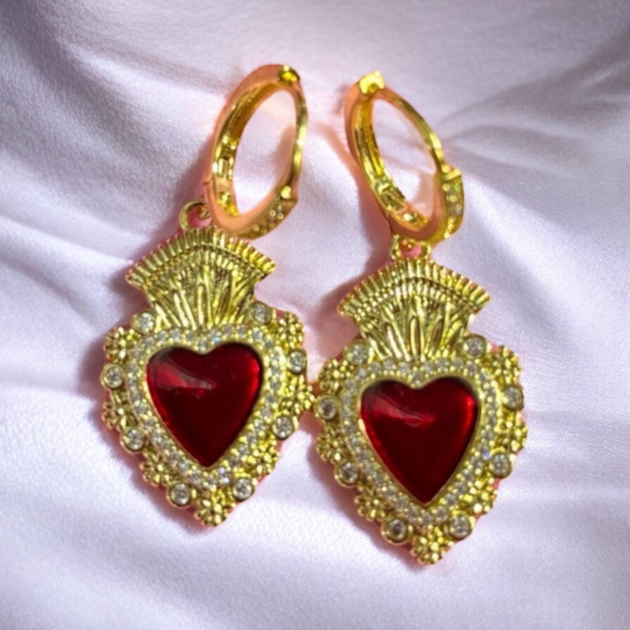 Red Sacred Heart Huggie Hoops: Diamanté Detail Golden Earrings