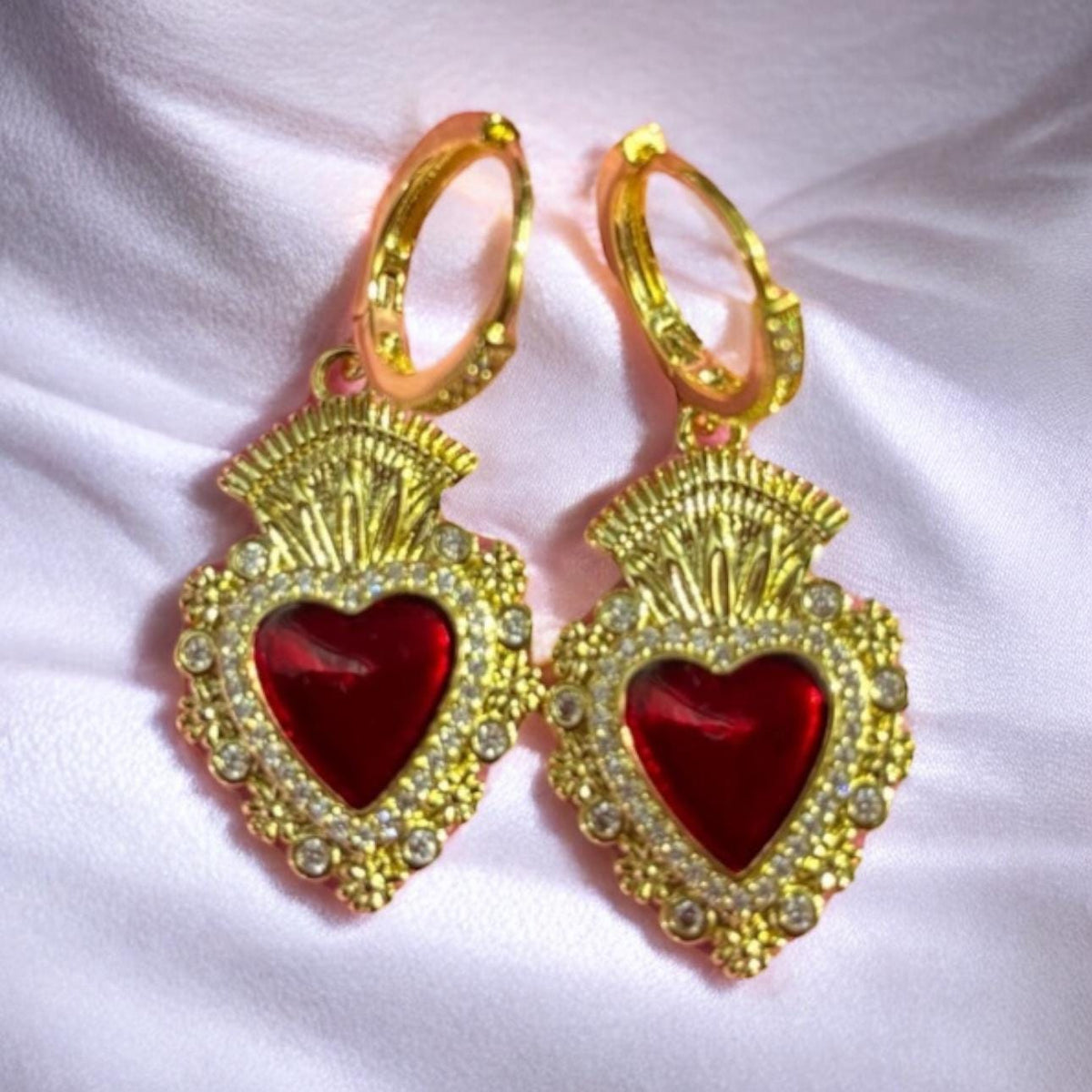 Red Sacred Heart Huggie Hoops: Diamanté Detail Golden Earrings