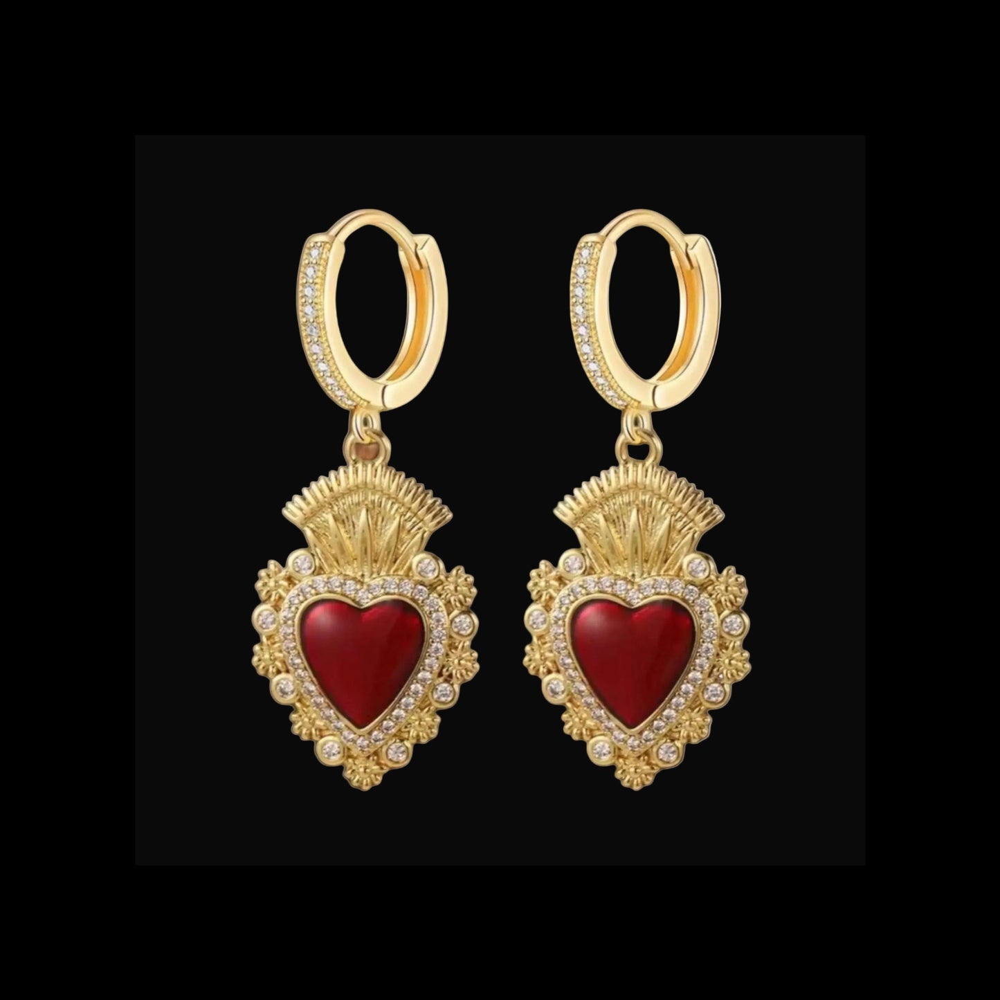 Red Sacred Heart Huggie Hoops: Diamanté Detail Golden Earrings