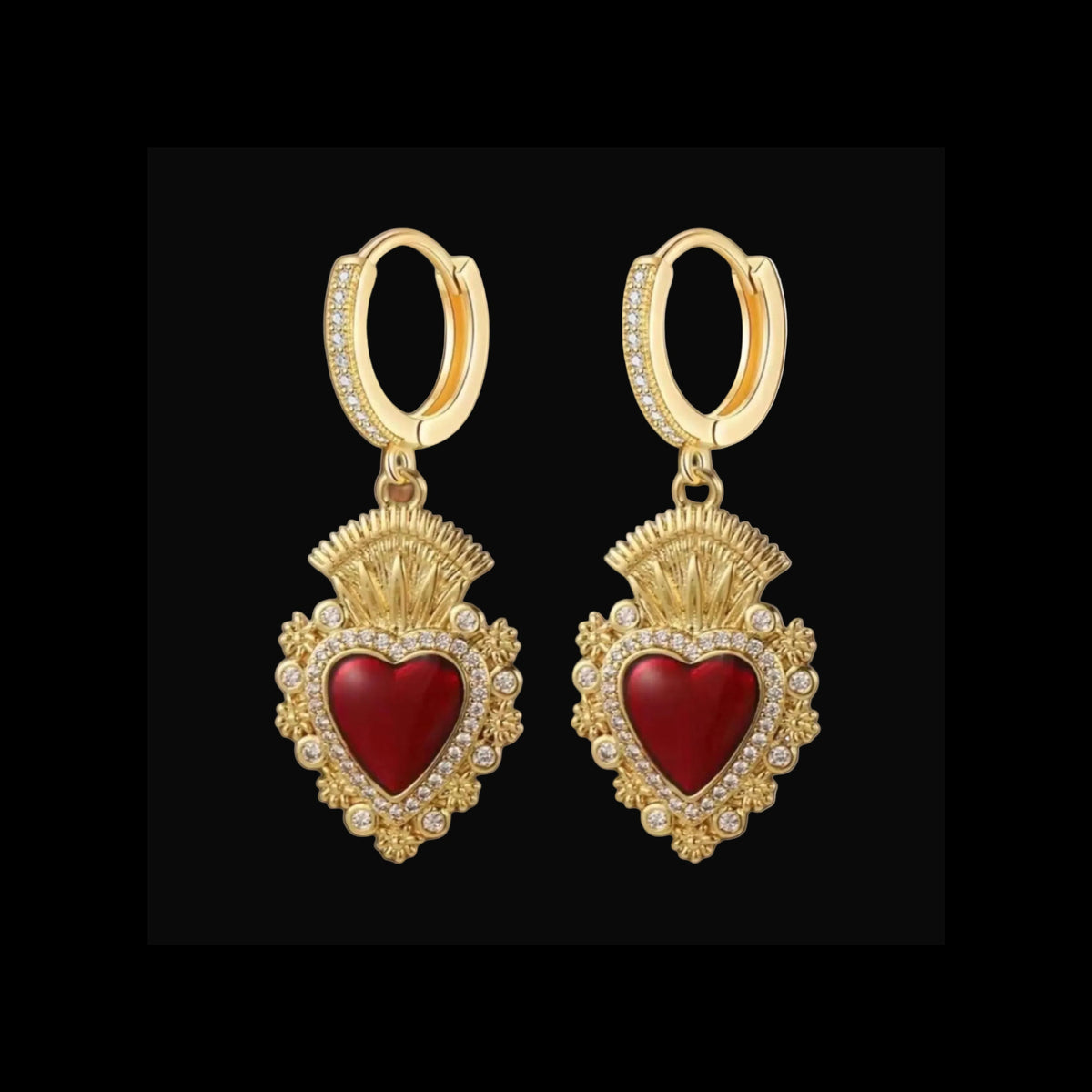Red Sacred Heart Huggie Hoops: Diamanté Detail Golden Earrings