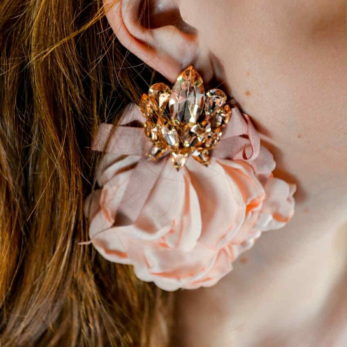 Romantic Soft Pink Fabric XL dangling earrings with Colorful Jewels