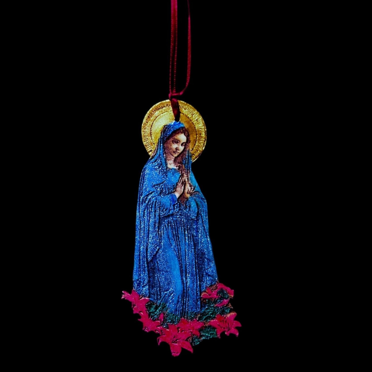 Hand-Painted Virgin Mary Wooden Hanging Ornament: Shimmering Metallic Icon
