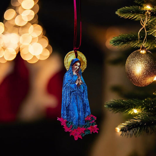 Hand-Painted Virgin Mary Wooden Hanging Ornament: Shimmering Metallic Icon
