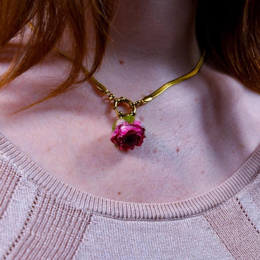 Enchanting 'Rose-Red' Gold Played Choker With Real Rosebud Charm