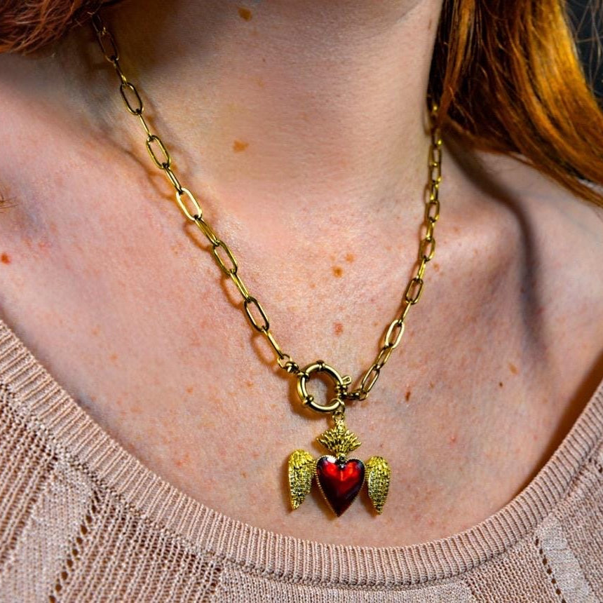 Red Sacred Heart Necklace: 18K Gold-Plated Paperclip Chain