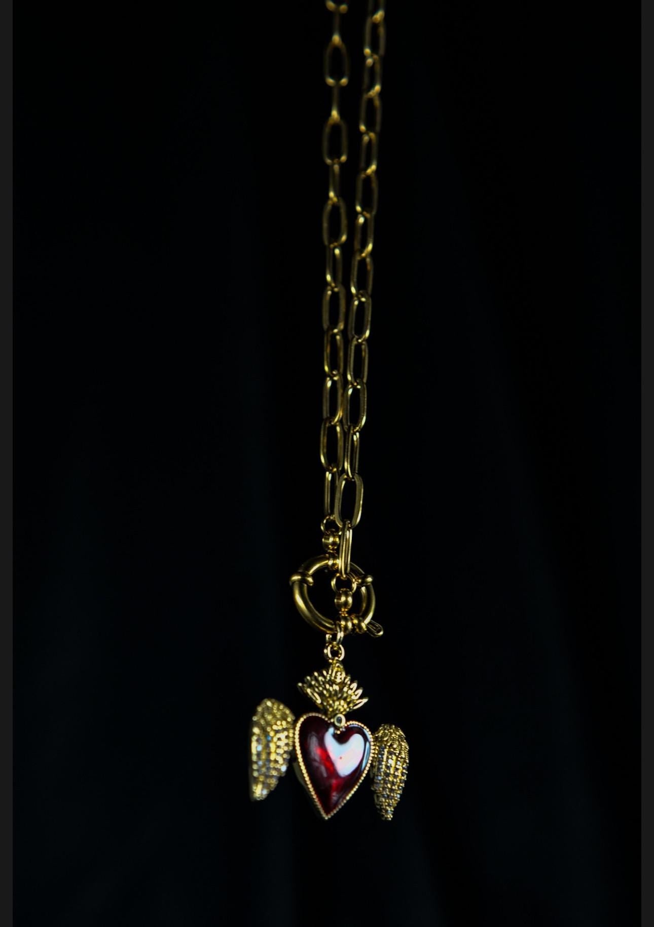 Red Sacred Heart Necklace: 18K Gold-Plated Paperclip Chain
