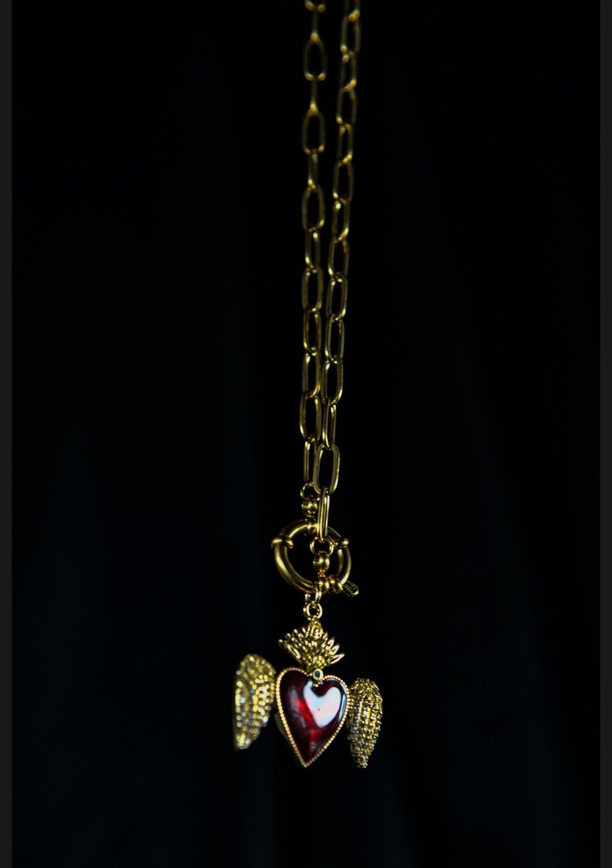 Red Sacred Heart Necklace: 18K Gold-Plated Paperclip Chain