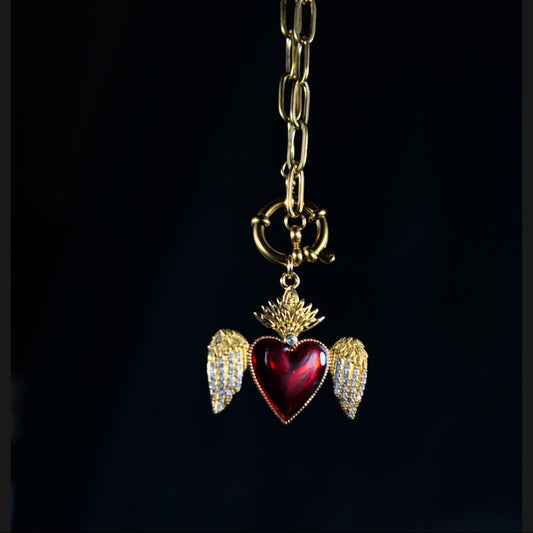 Red Sacred Heart Necklace: 18K Gold-Plated Paperclip Chain