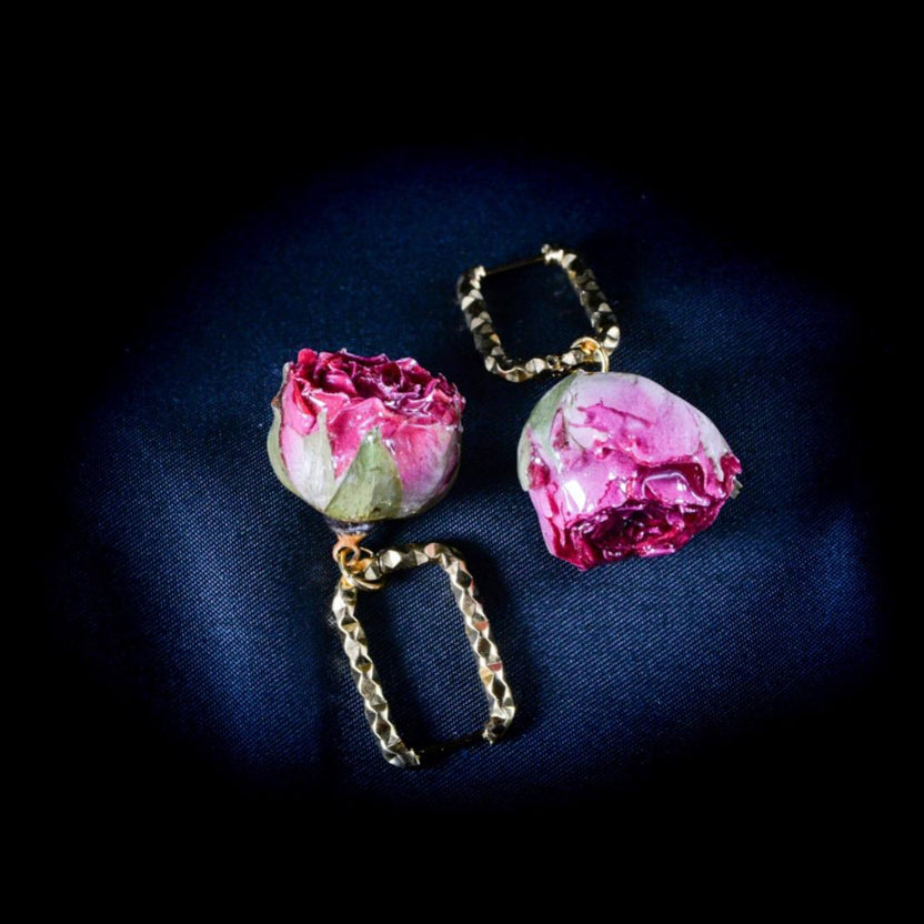 Rose-Red Huggie Earrings Made From Preserved Rosebuds and Gold