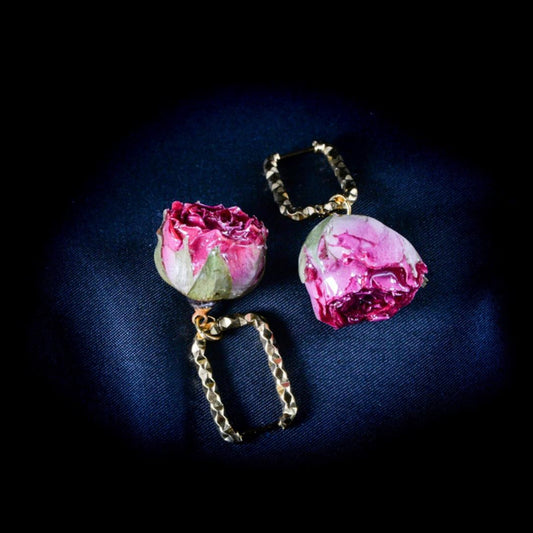 Rose-Red Huggie Earrings Made From Preserved Rosebuds and Gold