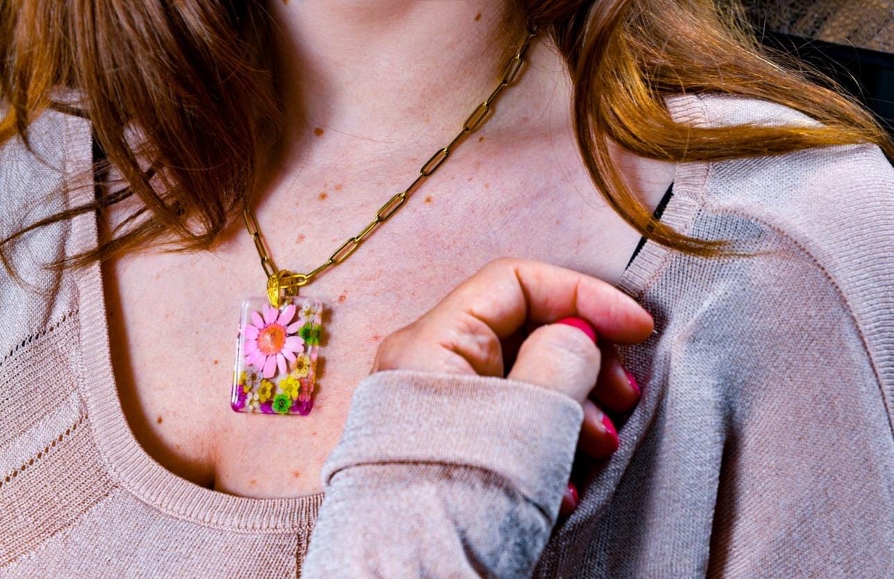 Preserved Pink Daisy and Wild Flowers Pendant, Gold Chain Necklace: Original Valentines Gift