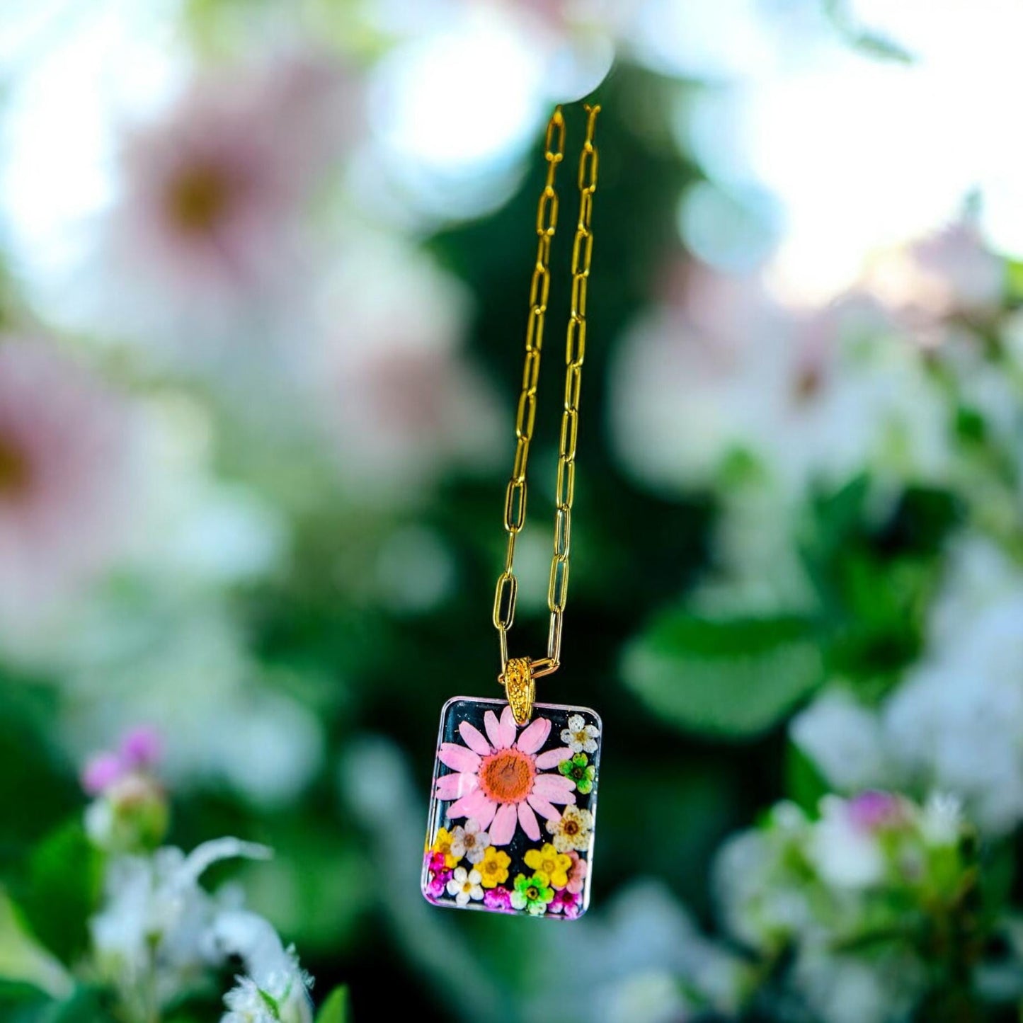 Preserved Pink Daisy and Wild Flowers Pendant, Gold Chain Necklace: Original Valentines Gift