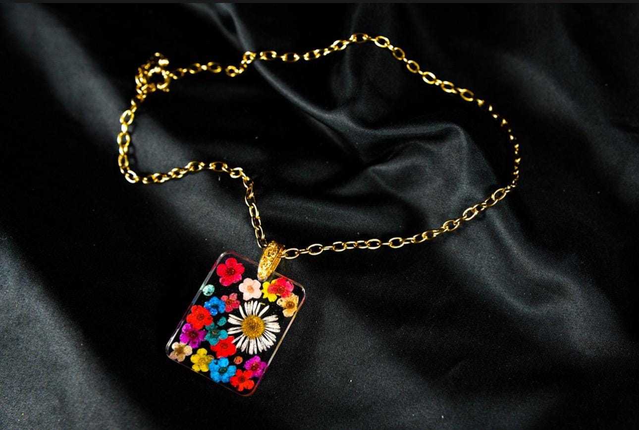 Preserved Daisy and Wild Flowers Pendant, Gold Chain Necklace.
