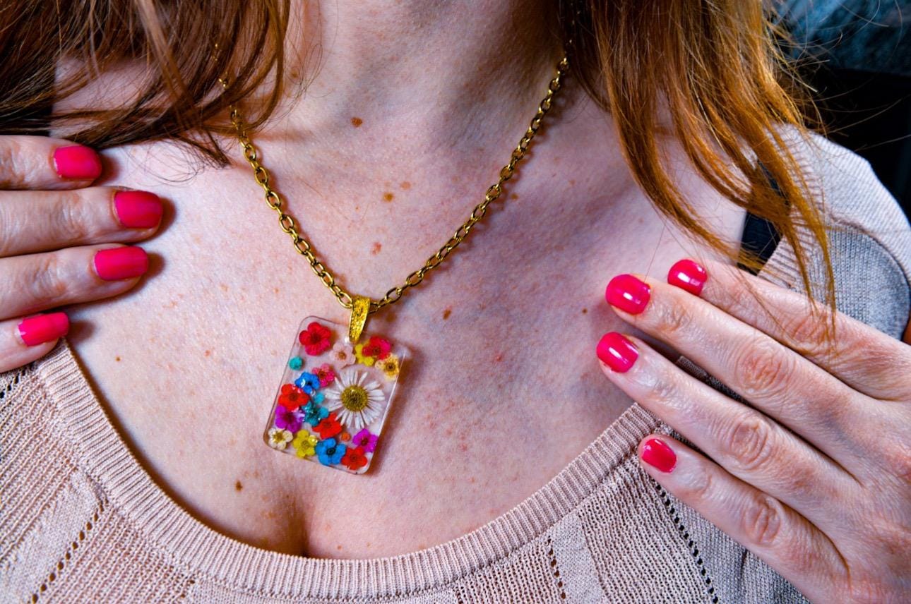 Preserved Daisy and Wild Flowers Pendant, Gold Chain Necklace.