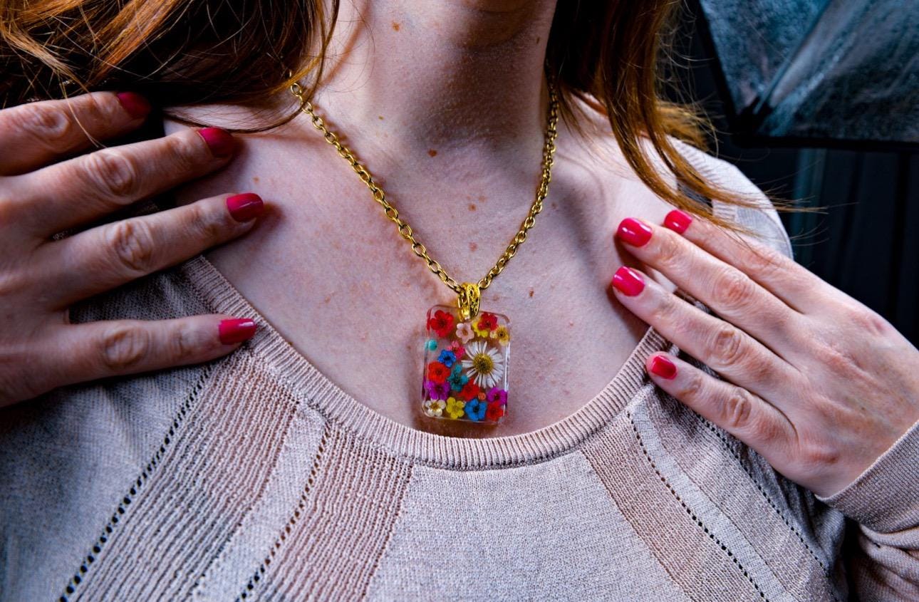 Preserved Daisy and Wild Flowers Pendant, Gold Chain Necklace.