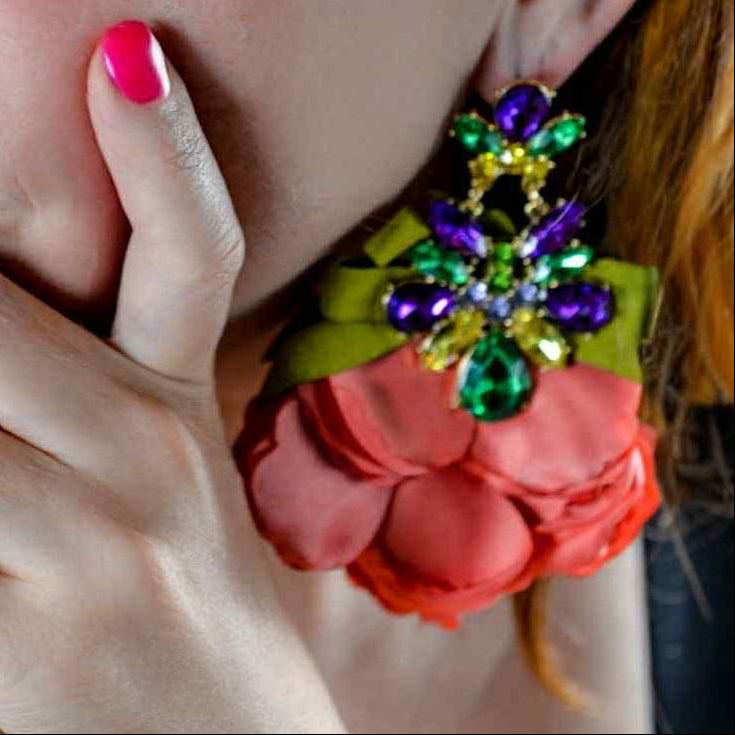 Romantic Fushia Pink Fabric XL dangling earrings with Colorful Jewels