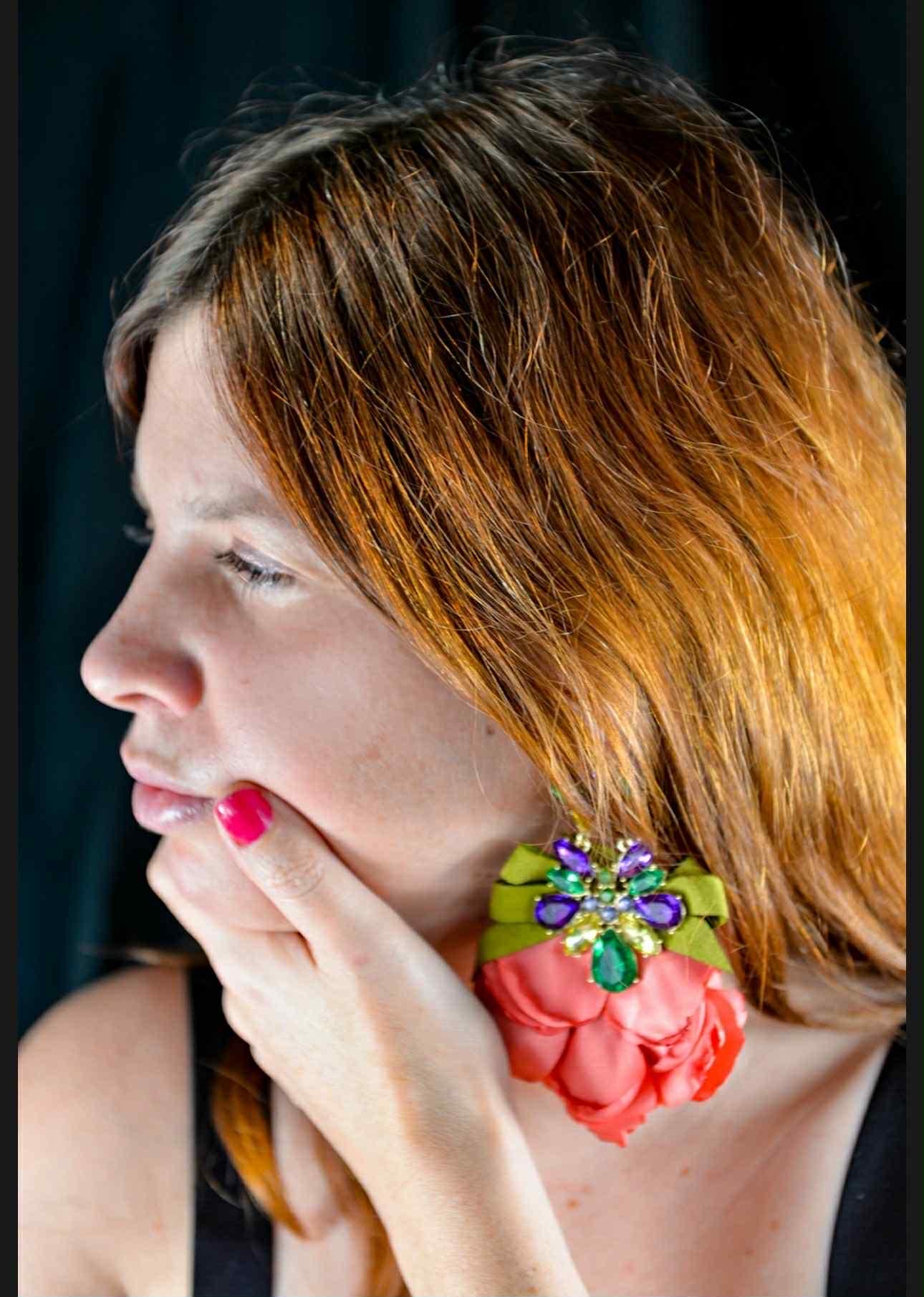Romantic Fushia Pink Fabric XL dangling earrings with Colorful Jewels