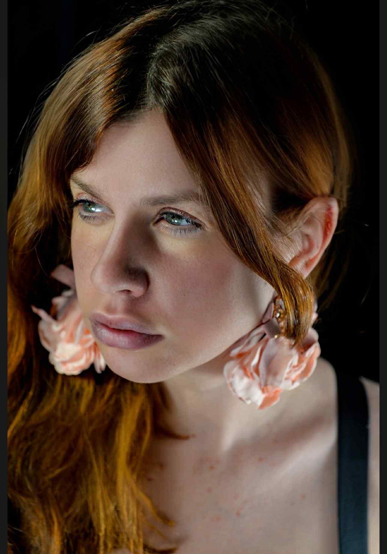 Romantic Soft Pink Fabric XL dangling earrings with Colorful Jewels