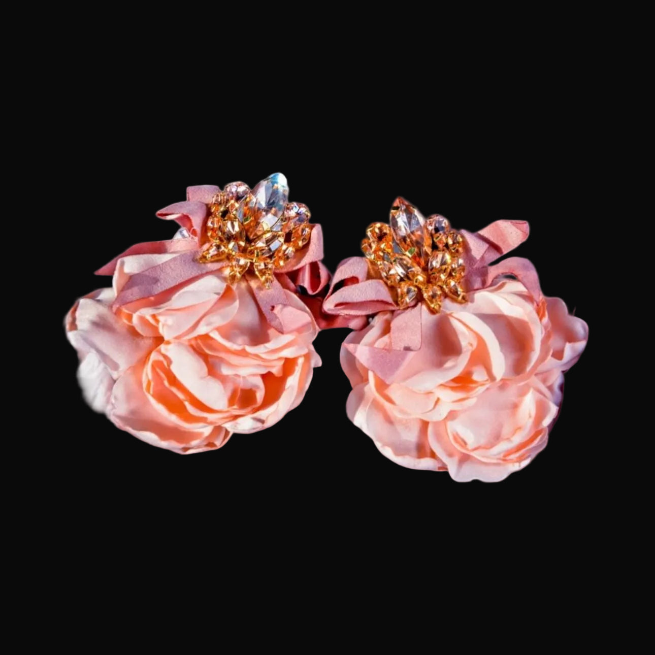 Romantic Soft Pink Fabric XL dangling earrings with Colorful Jewels