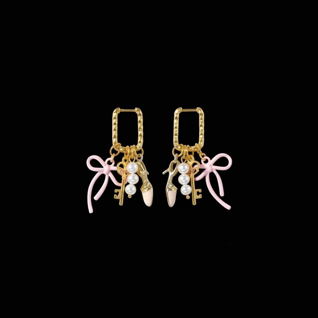 Golden Huggie Charm Earrings: Pink Bow, Shoe, Pearl & Key