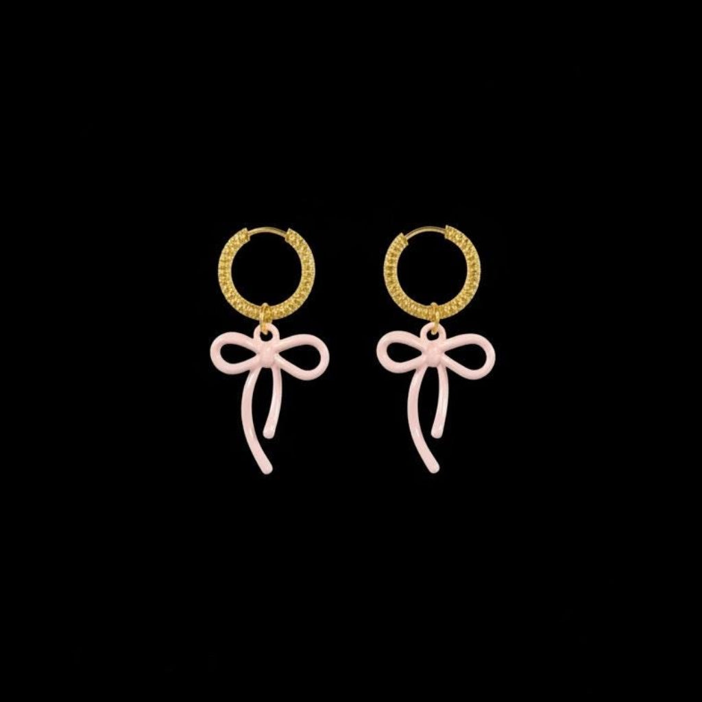 Golden Huggie Earrings: Pink Bow, Crinkled Hoop