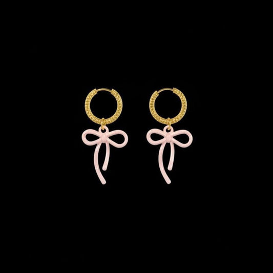 Golden Huggie Earrings: Pink Bow, Crinkled Hoop