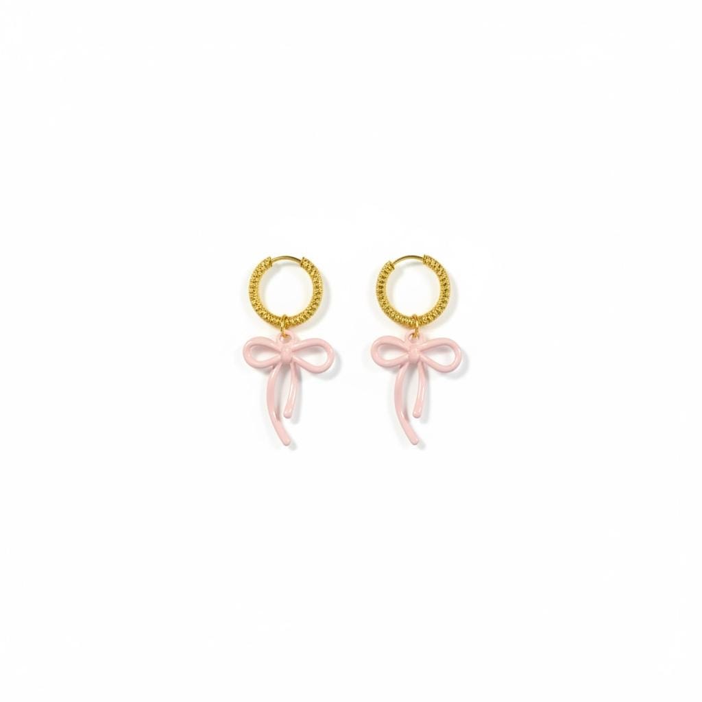 Golden Huggie Earrings: Pink Bow, Crinkled Hoop