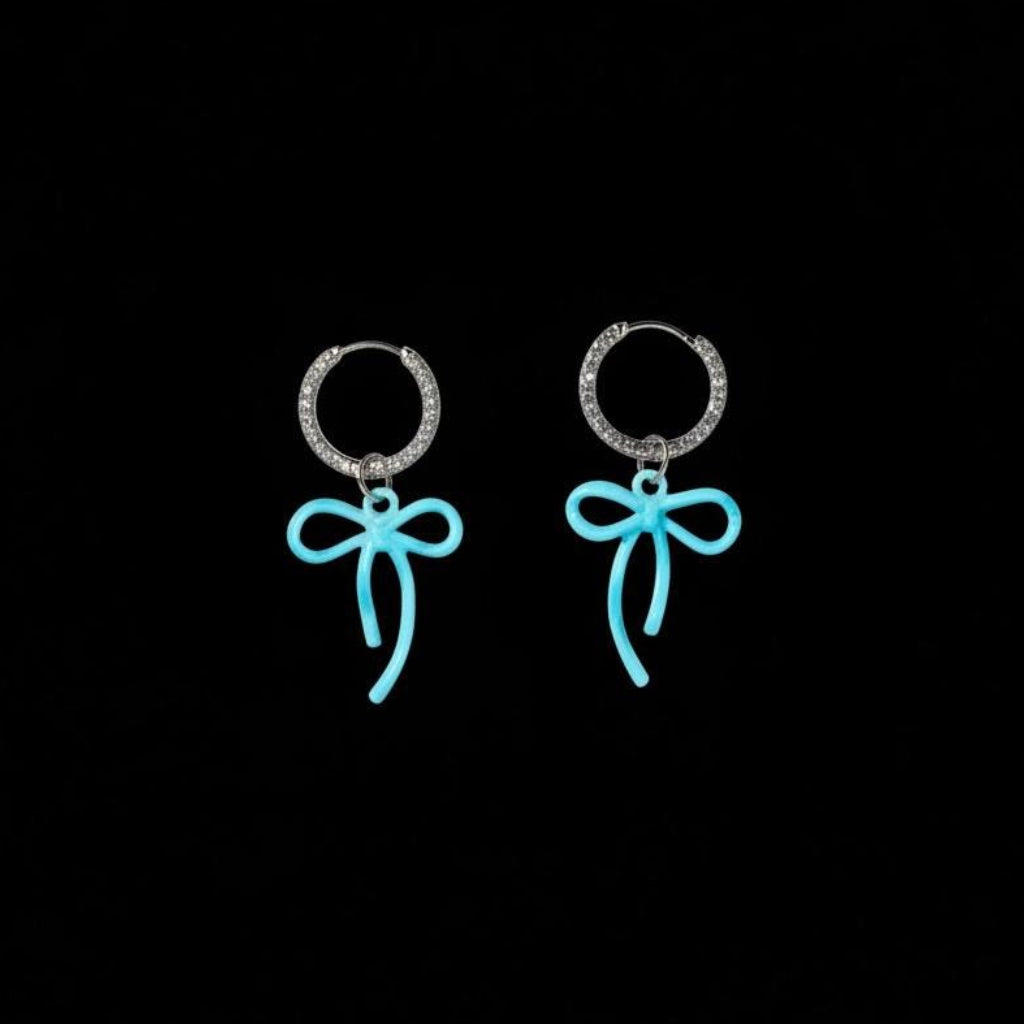 Silver Huggie Earrings: Blue Bow Dangle, Crinkled Hoop