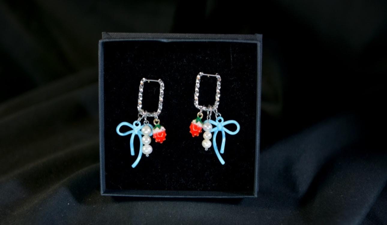 Silver Huggie Earrings: Strawberry, Pearl & Blue Bow Charms