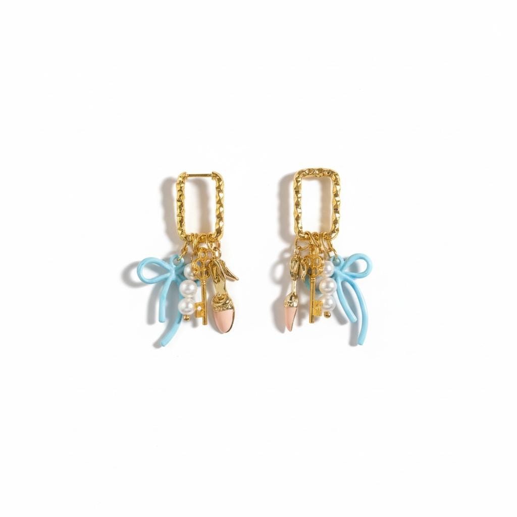 Golden Huggie Charm Earrings: Pink Bow, Shoe, Pearl & Key