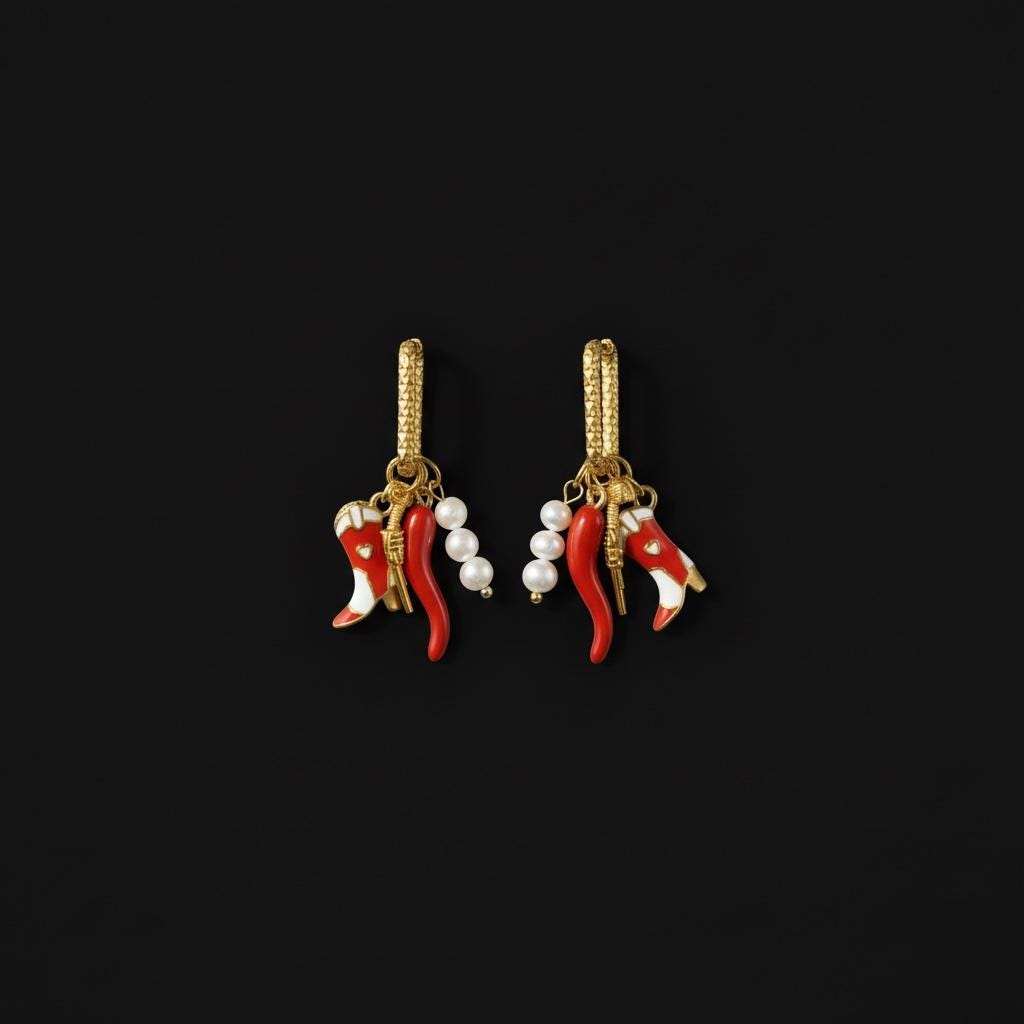 Golden Huggie Charm Earrings: Cowgirl Boot, Chilli, Pearl and Pistol