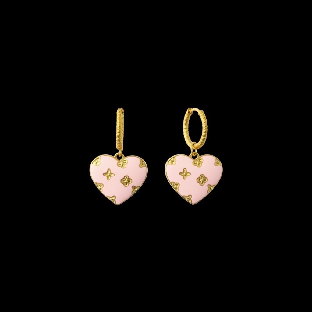 Golden Huggie Earrings: Pink French Heart, Crinkled Hoop