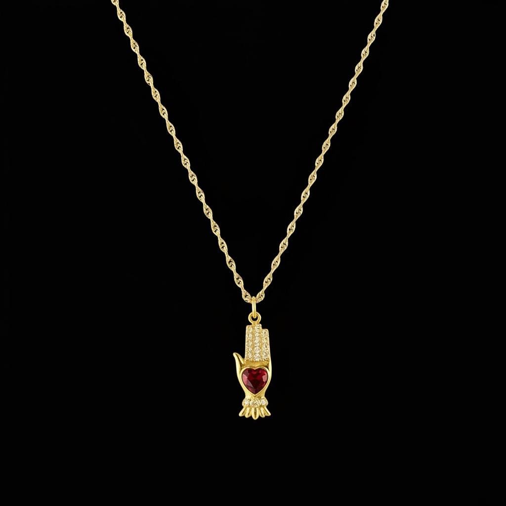 Gold Hand Heart Pendant Necklace: Boho Valentine's Gift