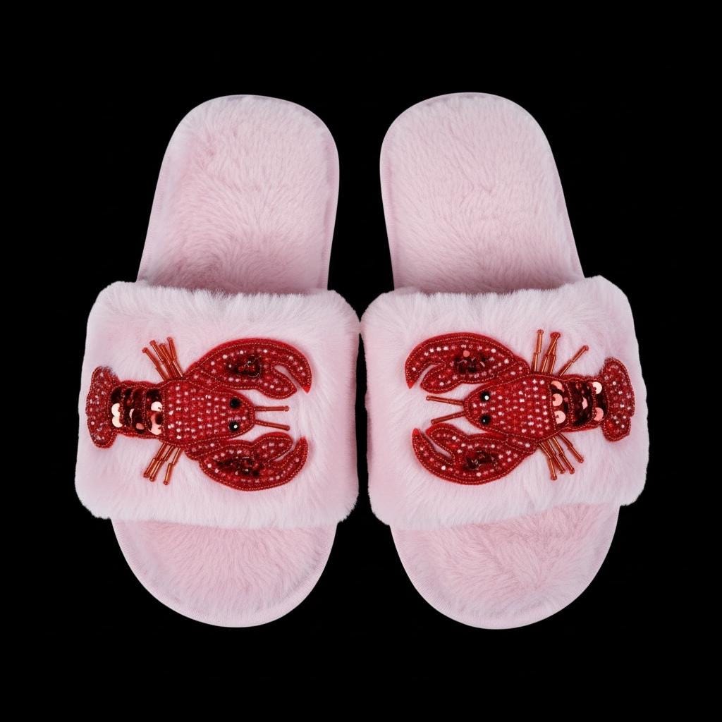 Luxury Pink Slippers with Beaded Lobster Decor