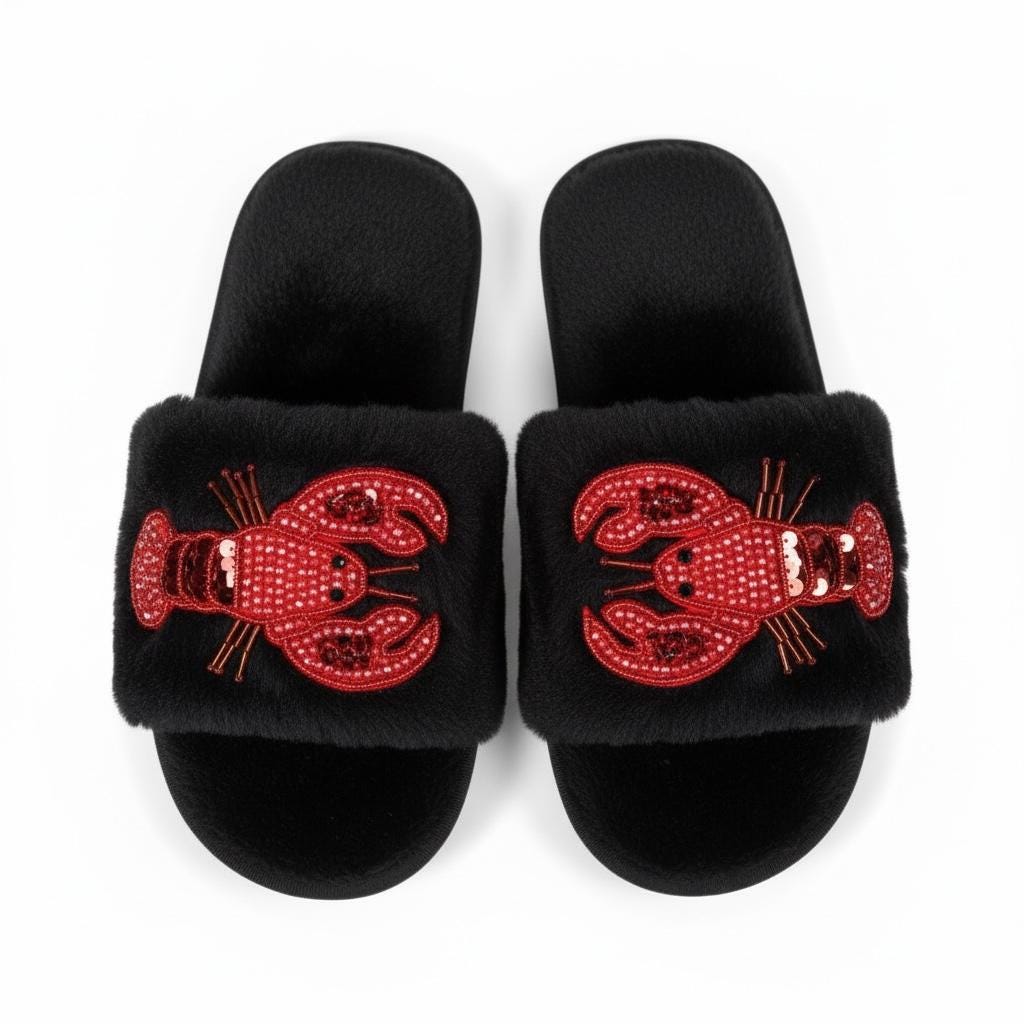 Luxury Pink Slippers with Beaded Lobster Decor