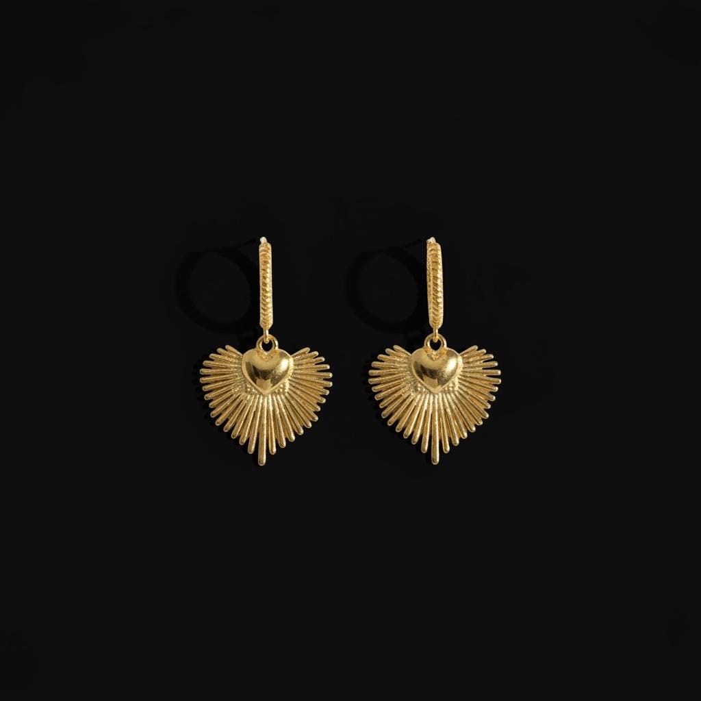 Golden Huggie Earrings: Golden Sacred Heart, Crinkled Hoop