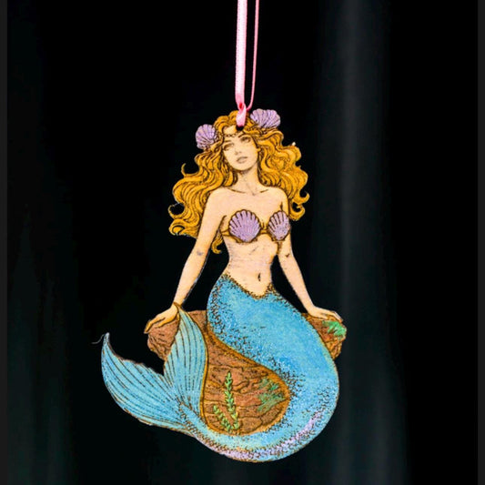 Hand-Painted Summer Mermaid Ornament: Engraved Wood with Satin Ribbon