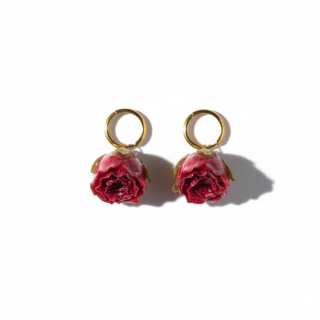 Rose-Red Hoops Made From Preserved Rosebuds and Gold