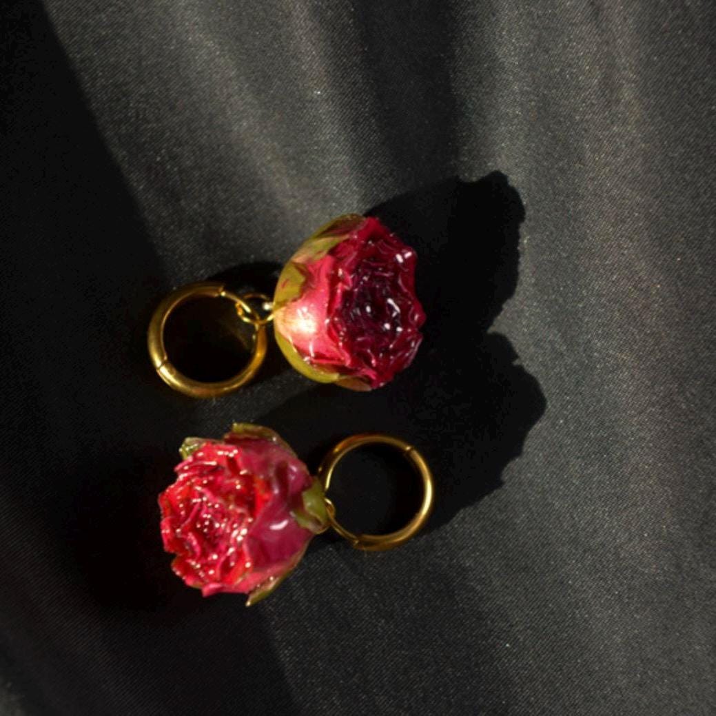 Rose-Red Hoops Made From Preserved Rosebuds and Gold