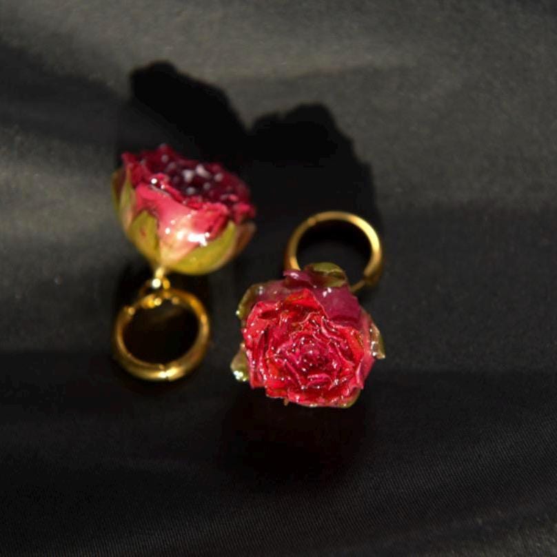 Rose-Red Hoops Made From Preserved Rosebuds and Gold