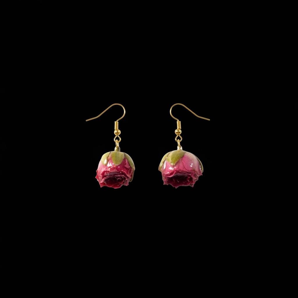Rose-Red Dangle Drop Made From Preserved Rosebuds and Gold